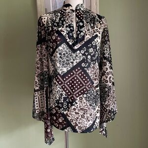 Vintage 70s Split Angel Bell Sleeve Brown, Cream & Black Blouse